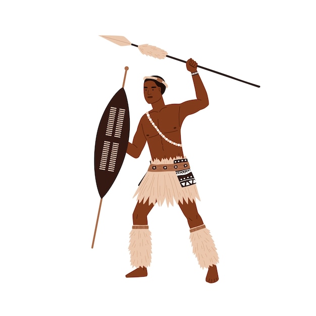 African tribal man holding spear and shield in hands. young warrior of aboriginal tribe wearing traditional ethic clothes with accessories. flat vector illustration isolated on white background.