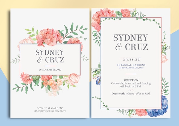 African violet and mix floral watercolor illustration wedding invitation card with text layout