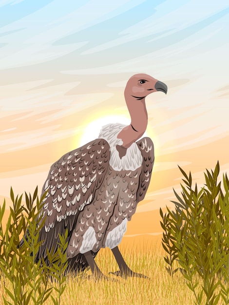 Vector african vulture sits in tall dry grass in the savannah dawn in africa wild carrion birds