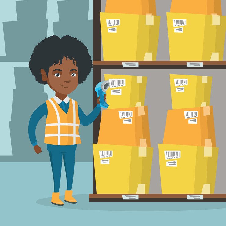Vector african warehouse worker scanning barcode on box.