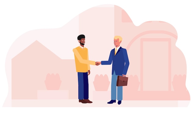 Vector african and white men shake hands in the background of a city street. business deal. vector illustration