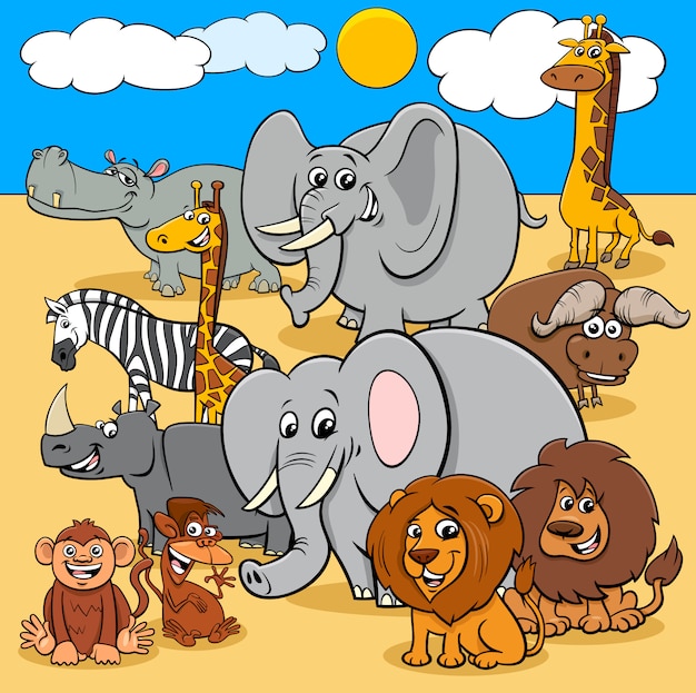 African wild animals cartoon characters group