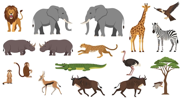 アフリカ の 野生 動物 たち の 集合 は,平ら な イラスト スタイル で 描か れ て い ます