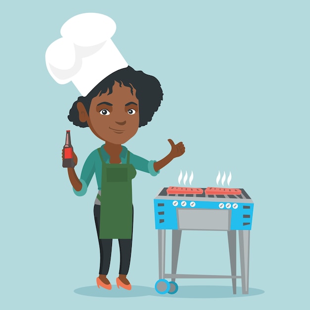 Vector african woman cooking steak on the barbecue.