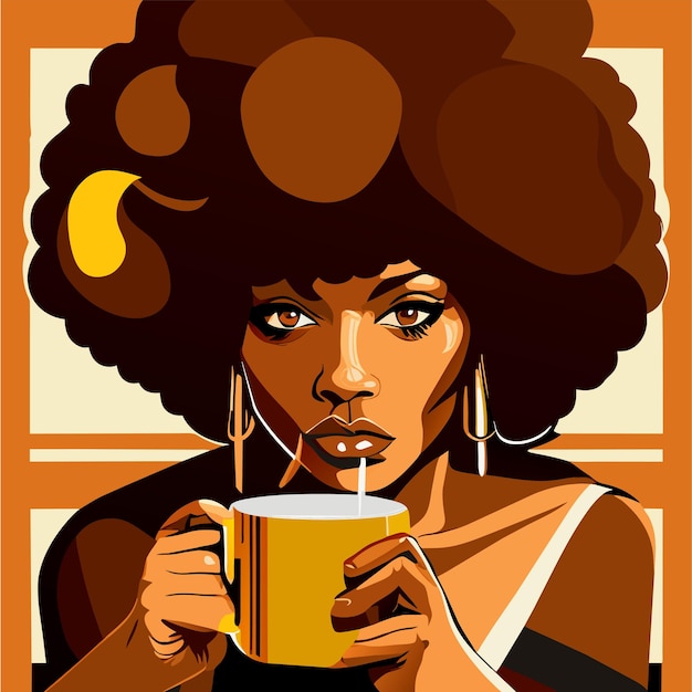 African woman drinking hot coffee or tea hand drawn flat stylish cartoon sticker