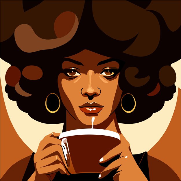 African woman drinking hot coffee or tea hand drawn flat stylish cartoon sticker