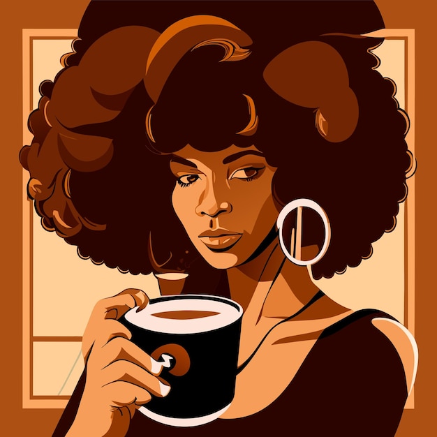 Vector african woman drinking hot coffee or tea hand drawn flat stylish cartoon sticker