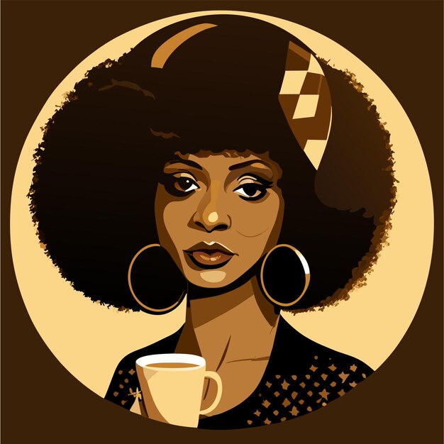 Vector african woman drinking hot coffee or tea hand drawn flat stylish cartoon sticker