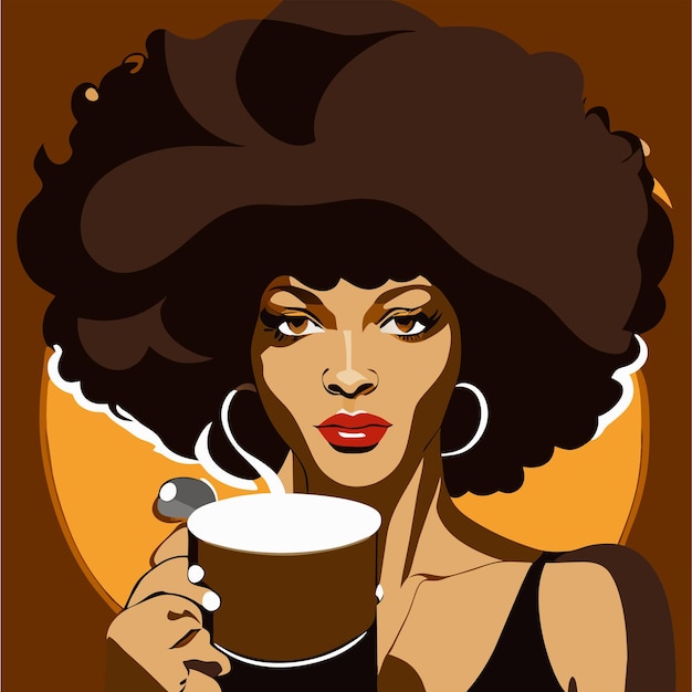 Vector african woman drinking hot coffee or tea hand drawn flat stylish cartoon sticker
