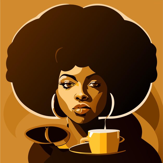 Vector african woman drinking hot coffee or tea hand drawn flat stylish cartoon sticker