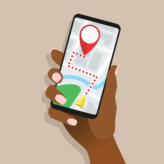 Vector african woman hand holding smartphone with map and marker