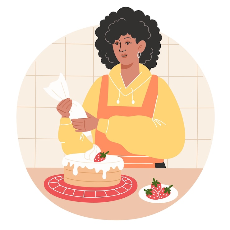 Vector african woman makes a strawberry cake at home