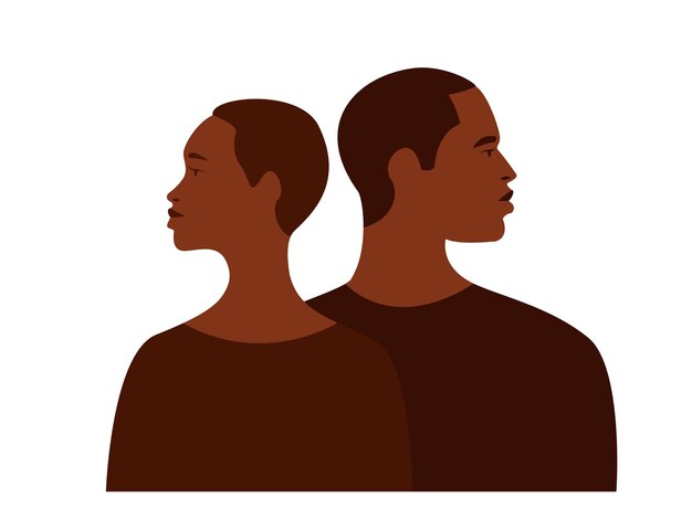 African woman and man face silhouette. Young attractive modern female brutal male profile sign