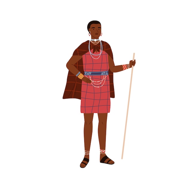 막대기를 들고 전통적인 민족 복장과 목걸이와 팔찌 같은 부족 장신구를 착용한 원주민 부족의 아프리카 여성. 컬러 평면 벡터 일러스트 레이 션 흰색 배경에 고립.