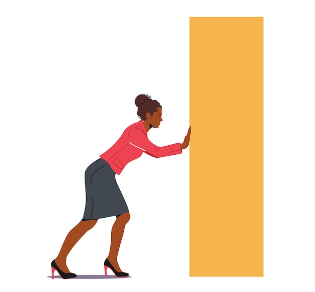 Vector african woman pushing huge rectangle shape concentrated businesswoman character complicated challenge goal achievement leadership business competition concept cartoon people vector illustration