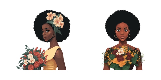 Ritratto vettoriale donna africana ragazza afro con capelli neri e bel vestito con illustrazione di fiori