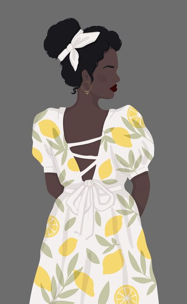 African woman in a white dress with painted lemons stands with her back to us Flat illustration