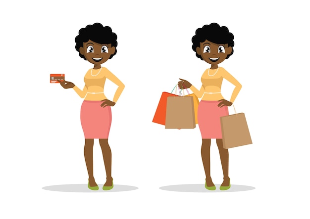 Vettore donne africane in possesso di carte di credito e shopping.