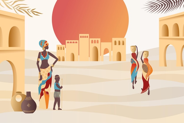 Vector african women walk in the desert plants abstract shapes and landscape city in the desert and sun abstract posters in minimalistic style