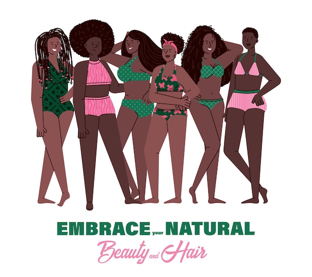 Donne africane con acconciature naturali in piedi in costume da bagno
