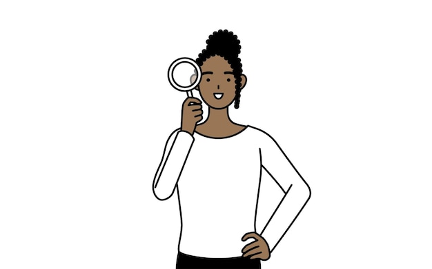Vettore donna afroamericana che guarda attraverso una lente d'ingrandimento