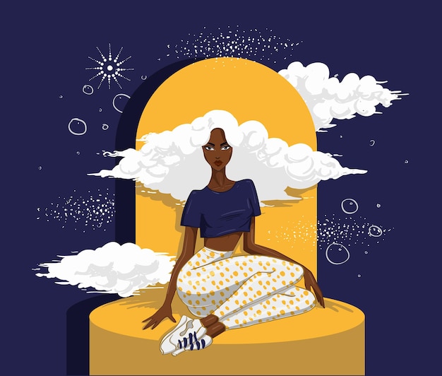 Vector africanamerican woman sitting with hair clouds at night