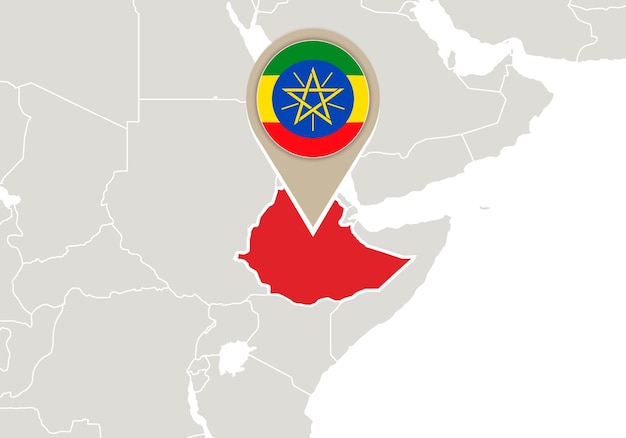Afrika met gemarkeerde kaart en vlag van Ethiopië