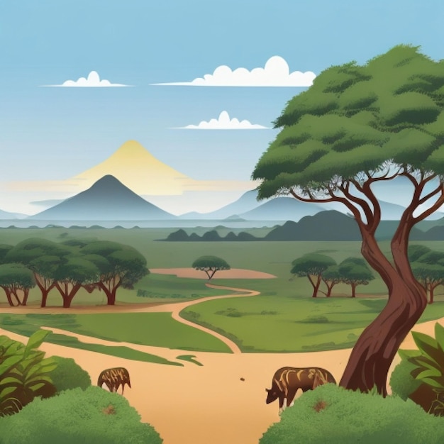 Afrika Savannah landschap safari met gras bomen zomer hete scène wilde natuur in cartoon stijl