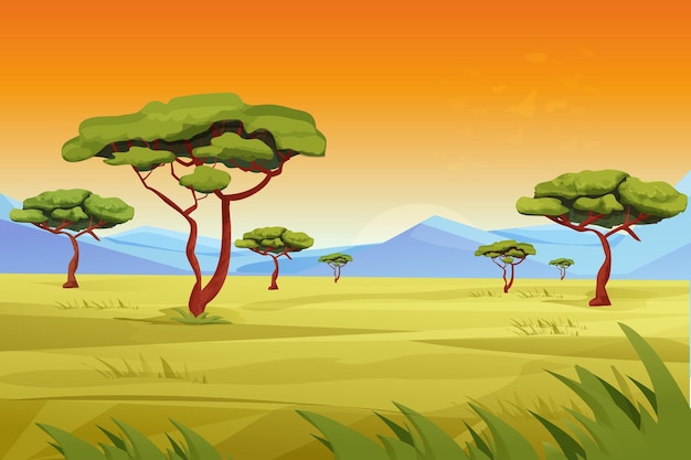 Vector afrika savannelandschap, safari met gras, bomen, bergen, hete zomerscène, wilde natuur