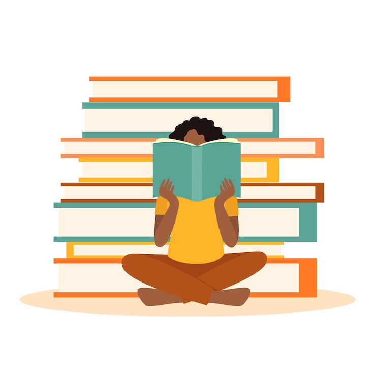 Vector afrikaans-amerikaans meisjesgezicht dat een boek leest. concept met veel boeken