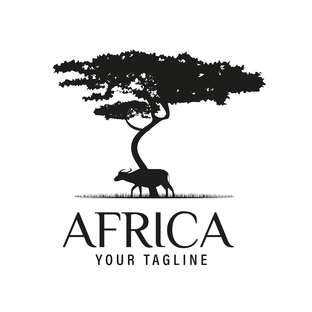 Afrikaanse Acacia Boom met Afrikaanse Buffalo Silhouet voor Safari Adventure Logo Design Vector