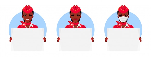 Vector afrikaanse amerikaanse stewardess die rood uniform draagt. stewardess met een leeg bordje. vrouw met glimlach en medisch masker.