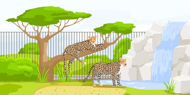 Afrikaanse cheetah liggend op een tak in de buurt van hek met vijver in dierentuin Safari vakantie Natuurlijke fauna Cartoon ontwerp Schattig karakter Pittoresk landschap Wilde savanne met waterval Vectorillustratie