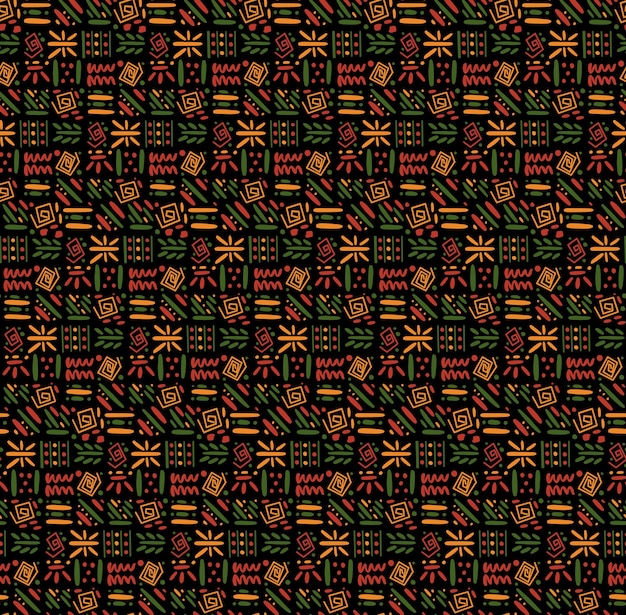Vector afrikaanse clash etnische tribal naadloze patroon achtergrond vector rood geel groen symbool vierkant herhalen