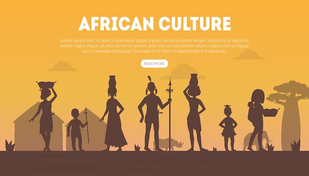 Afrikaanse cultuur landing page template met silhouetten van inheemse stammen in traditionele kleding vector illustratie