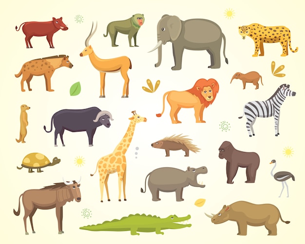 Afrikaanse dieren cartoon set. olifant, neushoorn, giraf, cheetah, zebra, hyena, leeuw, nijlpaard, krokodil, gorila en anderen.