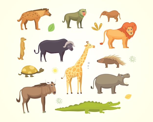 Vector afrikaanse dieren cartoon set. olifant, neushoorn, giraf, cheetah, zebra, hyena, leeuw, nijlpaard, krokodil, gorila en outhers. safari illustratie.