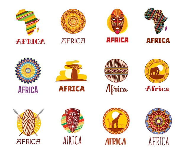 Vector afrikaanse iconen afrikaanse toeristische bezienswaardigheden en culturele vector symbolen afrika traditionele sieraad savanne baobab en etnische tribale masker giraffe en olifant op afrikaanse safari iconen en borden