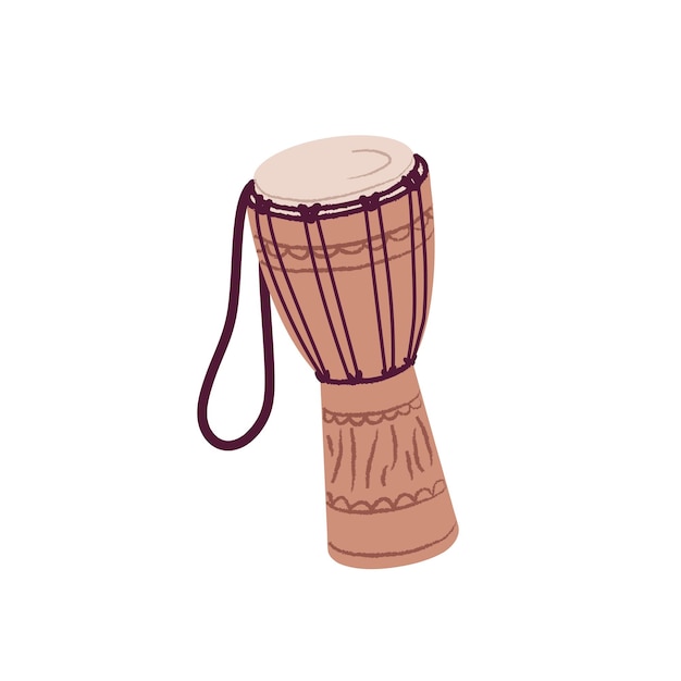 Afrikaanse jembe trommel etnische folk houten djembe traditionele inheemse percussie muziekinstrument van hout en touwen platte vectorillustratie geïsoleerd op witte achtergrond