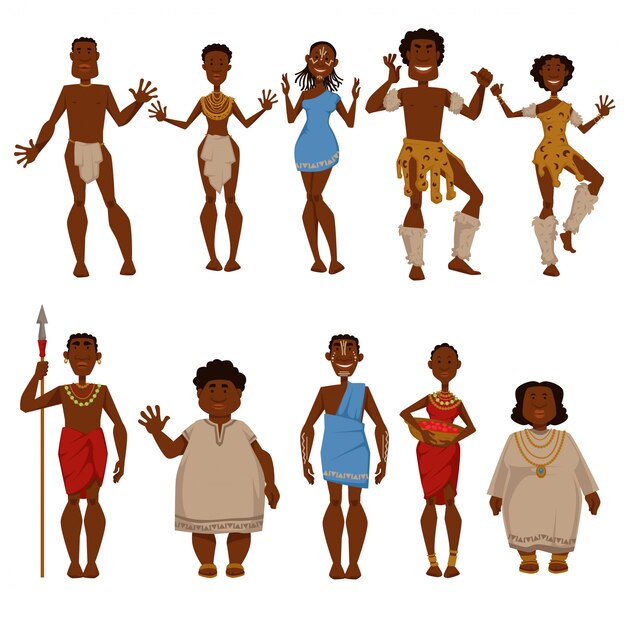 Afrikaanse karakters van inheemse stammensen in nationale of traditionele kleding van Afrika