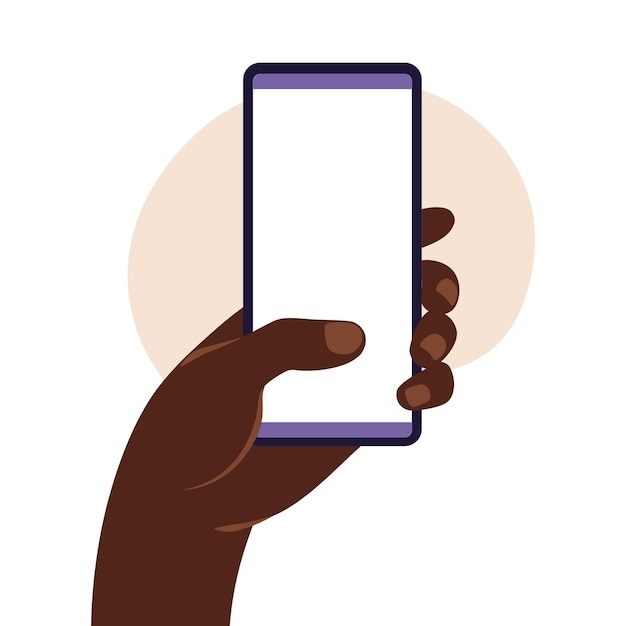 Afrikaanse man hand met smartphone met leeg wit scherm. Platte ontwerpconcept. Illustratie