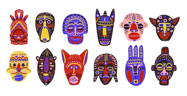 Afrikaanse maskers Tribal etnische decoratieve gezichten Traditionele krijger elementen Rituele ambachtelijke accessoires Kleur cult symbolen Doodle Indiase idolen Ceremoniële totems Inheemse souvenirs Stijlvolle vector set