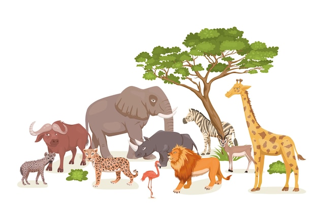 Afrikaanse savanne wilde dieren instellen Leeuw neushoorn Zebra Buffalo Giraffe Flamingo Luipaard Gazelle olifant hyena platte vectorillustratie dieren van Afrika Savannah Safari Concept