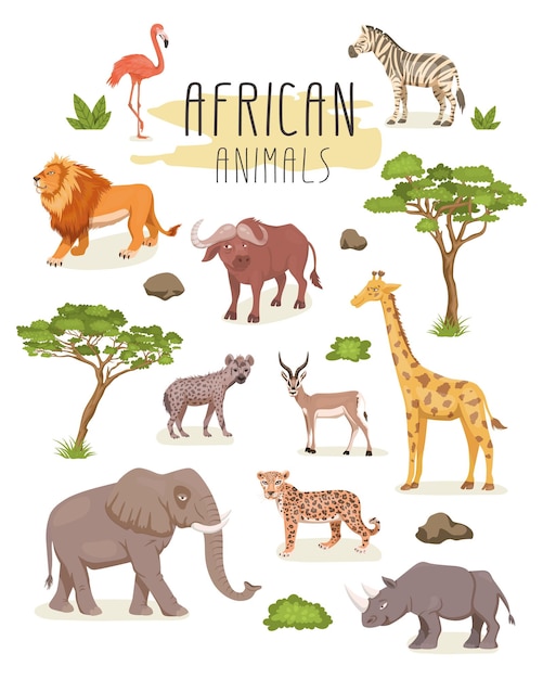 Vector afrikaanse savanne wilde dieren instellen leeuw neushoorn zebra buffalo giraffe flamingo luipaard gazelle olifant hyena platte vectorillustratie dieren van afrika savannah safari concept