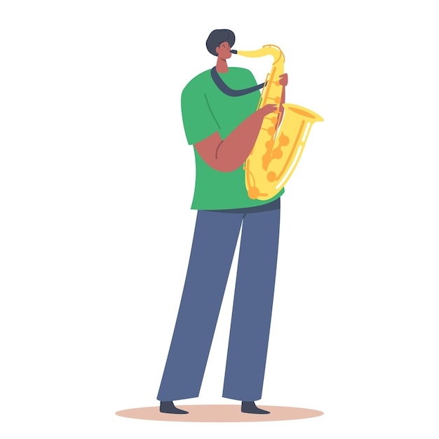 Afrikaanse saxofonist blaast muzikant compositie. mannelijke karakter spelen saxofoon geïsoleerd op een witte achtergrond. muziek jazz band entertainment, concert. cartoon mensen vectorillustratie