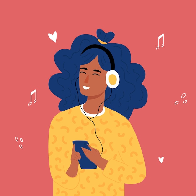 Afrikaanse tiener hipster meisjes luisteren naar muziek met een koptelefoon. Trandy handgetekende stijl. .
