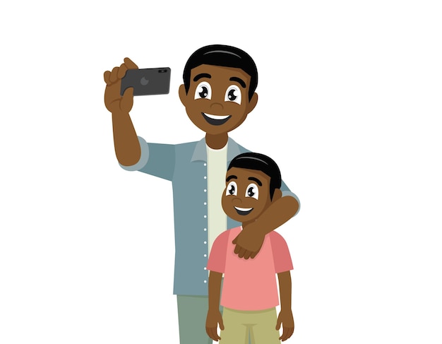 Afrikaanse vader en zoon nemen selfie schattige cartoon vector eps10