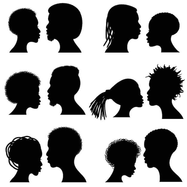Vector afrikaanse vrouwelijke en mannelijke gezichtssilhouetten