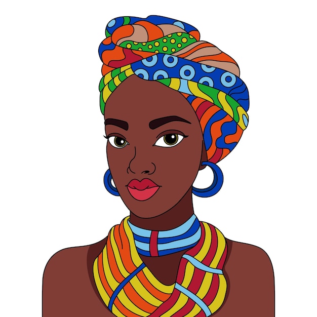 Afrikaanse zwarte vrouw tulband hoofd wrap sjaal hoofddoek Nubische koningin vector kleuren illustratie