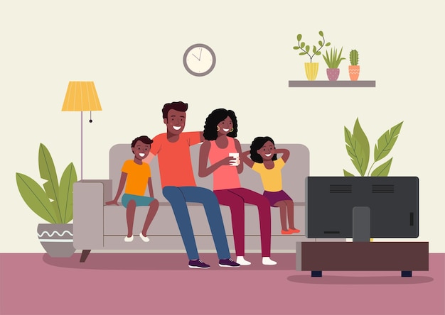 아프리카 계 미국인 가족은 소파에 앉아 거실에서 TV를 시청합니다. 벡터 평면 그림